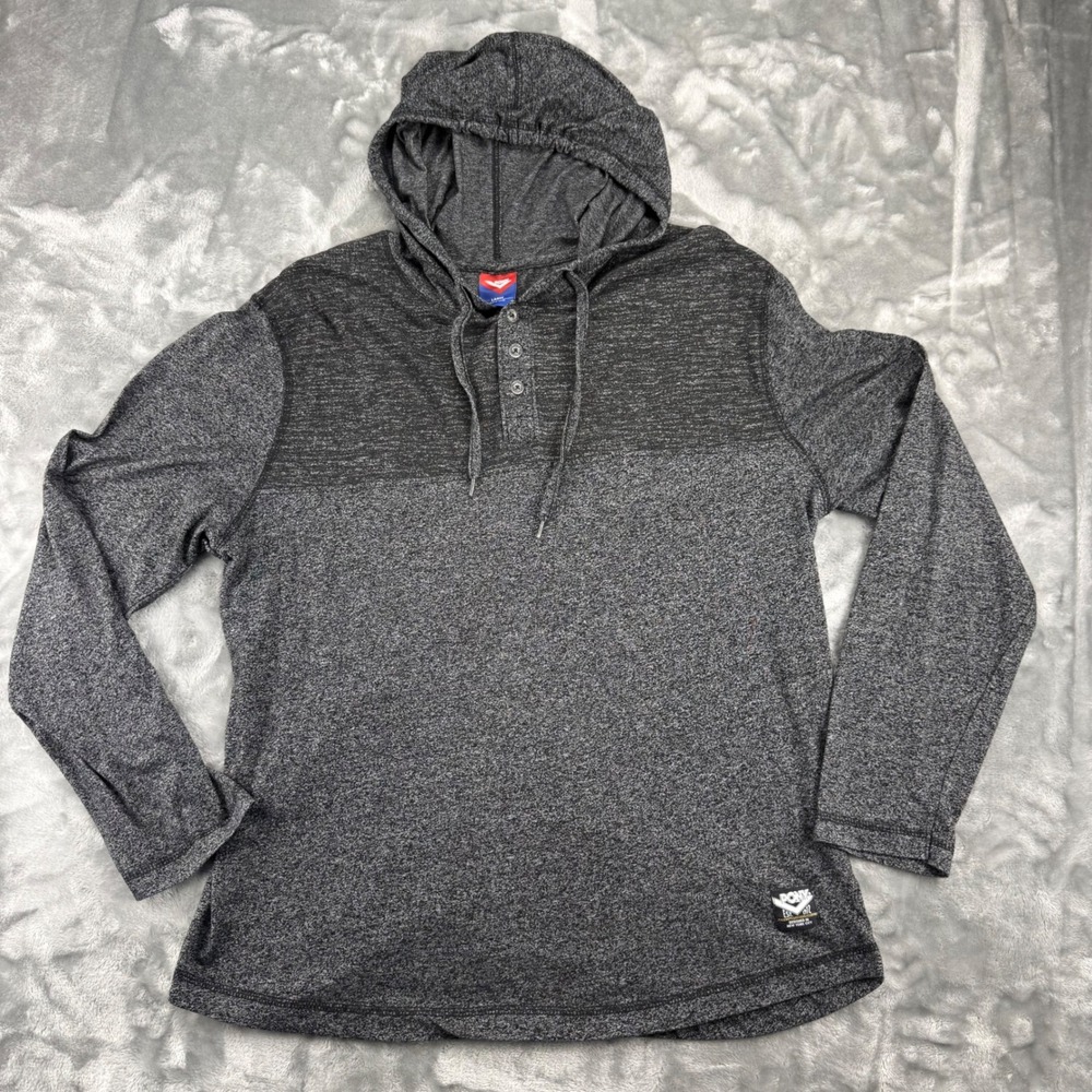 Pony Mens Henley Hoodie Long Sleeve Charcoal Grey Heather Gorpcore Shirt Large
